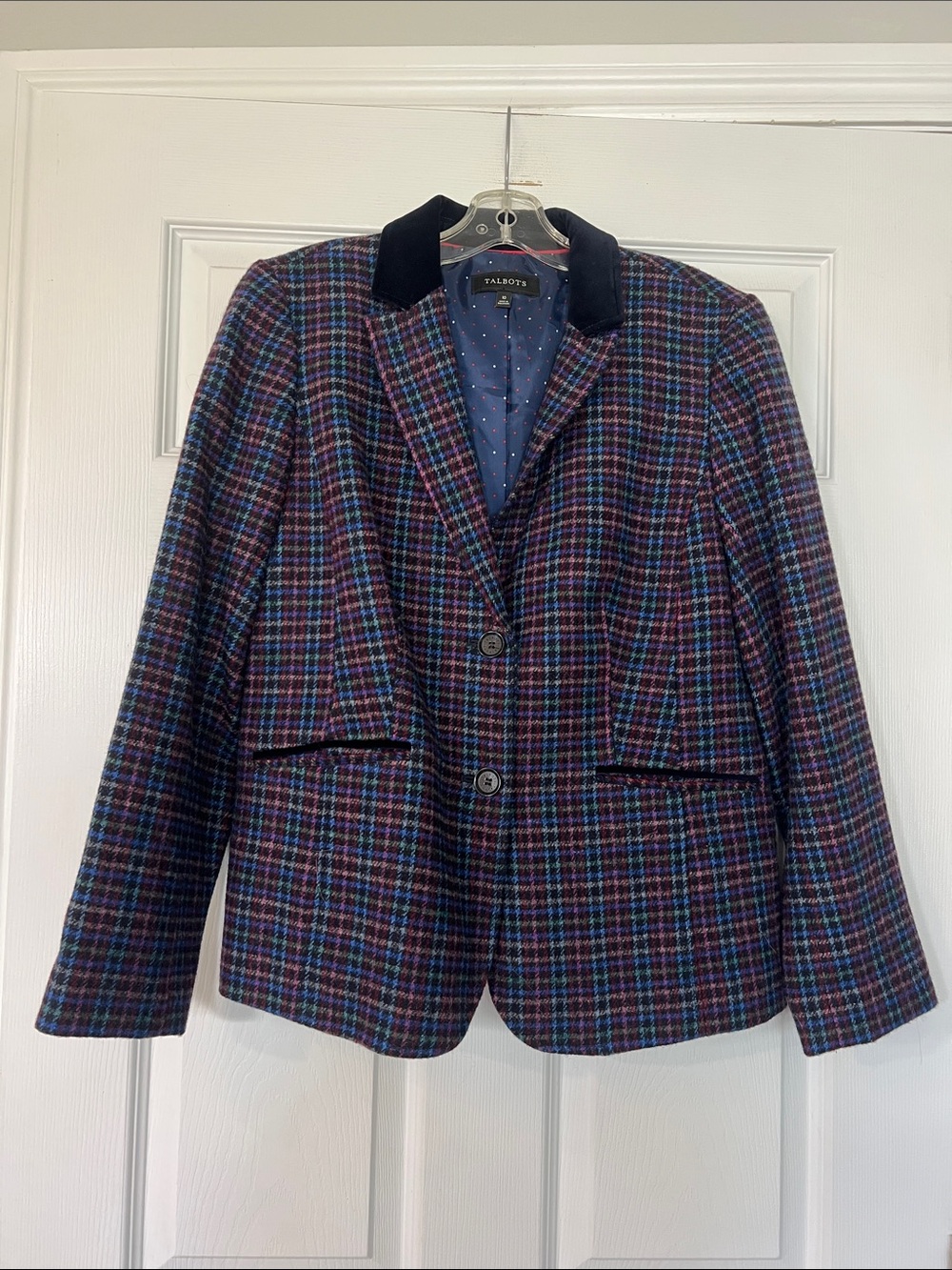 Talbots Blue plaid Blazer with velvet collar